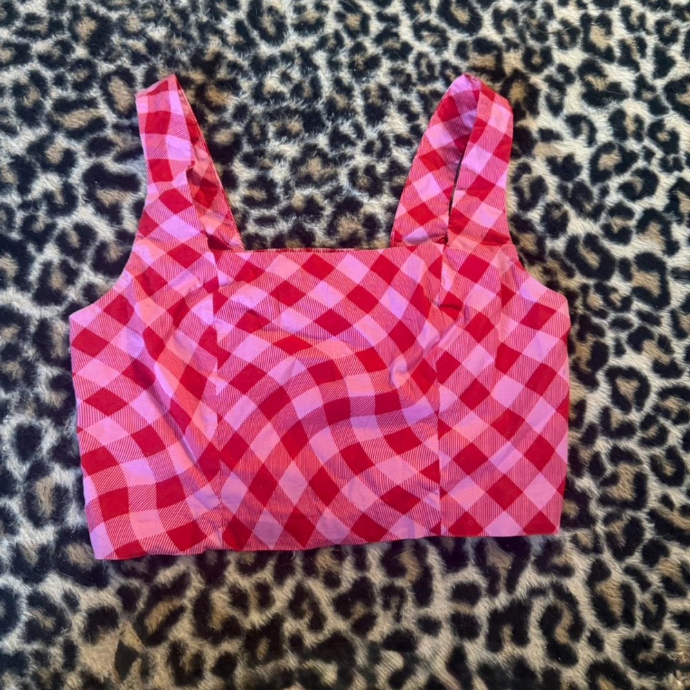 vintage y2k scoop brand pink and red gingham square neck crop top
